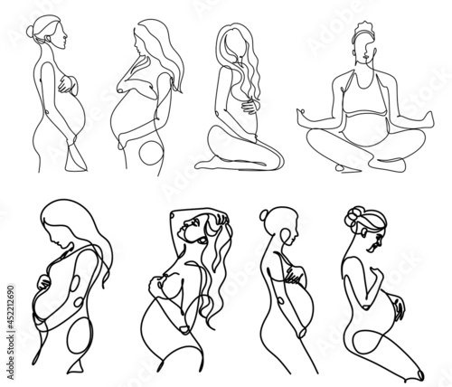 Pregnant woman one line drawing on white isolated background. Vector illustration	