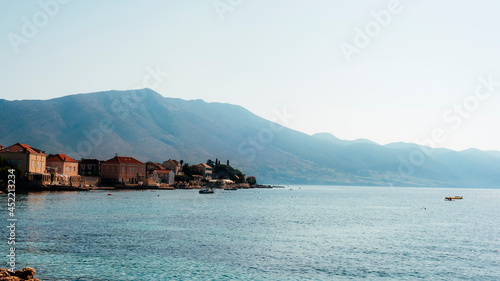 Beautiful view of Orebic town, sea and mountains, Peljesac island, Croatia