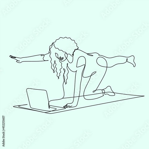 Continuous one single line drawing of woman relaxing at home using laptop computer for video call, skype. Happy young cute girl who wave hand smiling looks at pc screen. Vector illustration