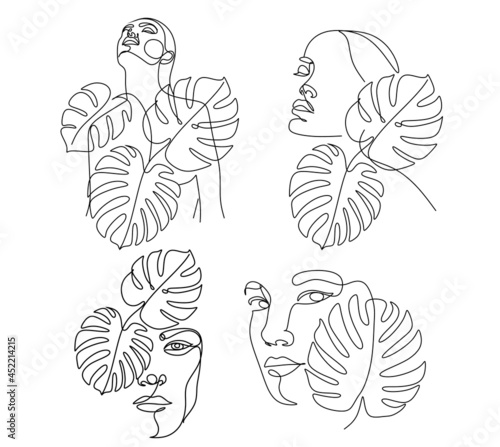 Monstera leaf with woman face  line art style. Minimalist female portrait one line art drawing tropical palm vector illustration isolated. Simple con for spa salon or organic cosmetics