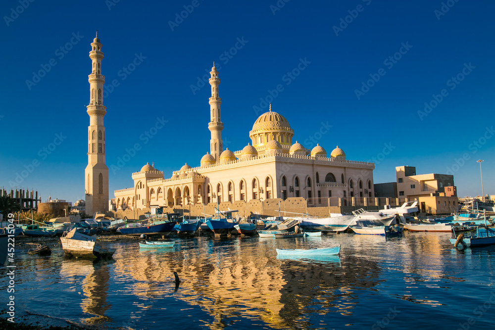 El Mina mosque minaret in Hurghada, a view from the sea, Egypt
