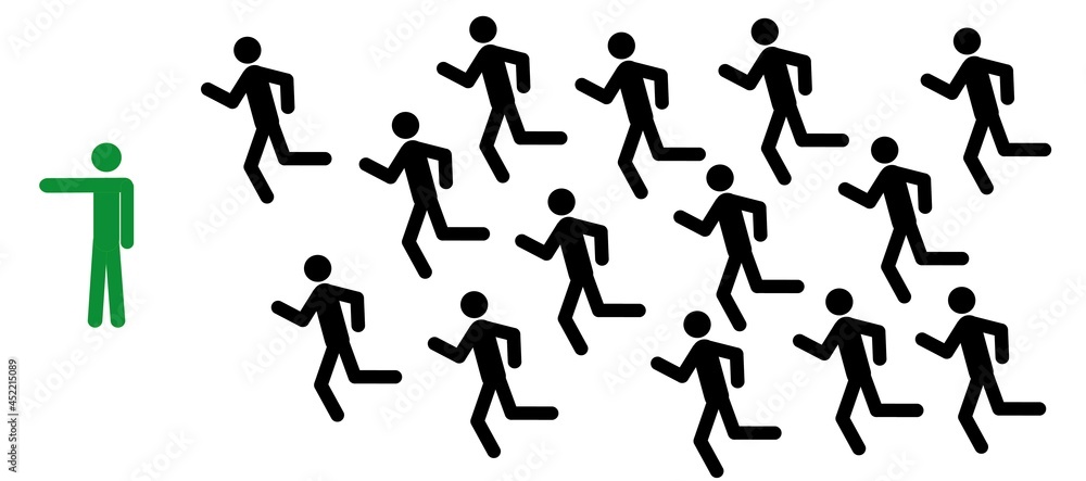 a man in green shows the direction of movement, a crowd of people is running in one direction, a pictogram, sports, competition  