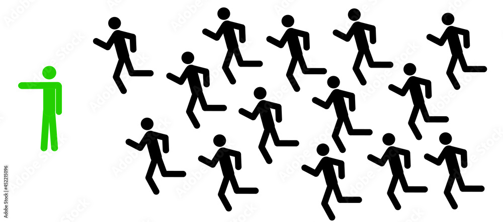 a man in green shows the direction of movement, a crowd of people is running in one direction, a pictogram, sports, competition  