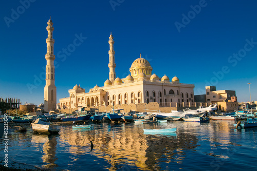 El Mina mosque minaret in Hurghada, a view from the sea, Egypt