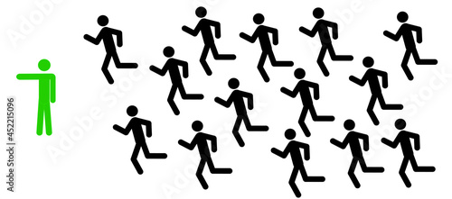 a man in green shows the direction of movement, a crowd of people is running in one direction, a pictogram, sports, competition 