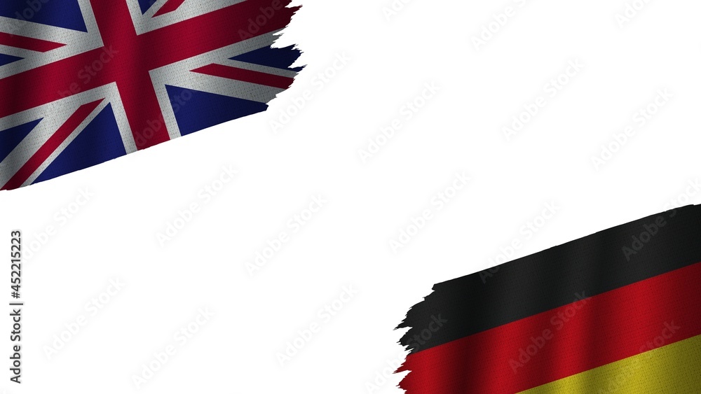 Germany and United Kingdom British Flags Together, Wavy Fabric Texture Effect, Obsolete Torn Weathered, Crisis Concept, 3D Illustration Germany and United Kingdom British Flags Together, Wavy Fabric Texture Effect, Obsolete Torn Weathered, Crisis Concept, 3D Illustration