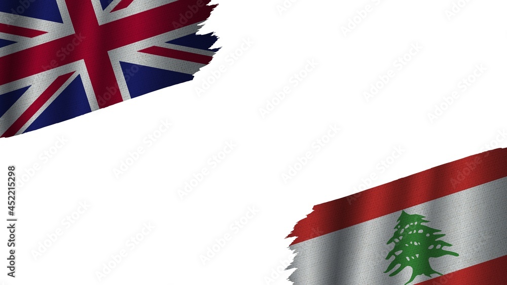 Lebanon and United Kingdom British Flags Together, Wavy Fabric Texture Effect, Obsolete Torn Weathered, Crisis Concept, 3D Illustration Lebanon and United Kingdom British Flags Together, Wavy Fabric Texture Effect, Obsolete Torn Weathered, Crisis Concept, 3D Illustration
