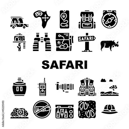 Safari African Hunting Vacation Icons Set Vector. Rhinoceros Animal Hunt In Safari And Hunter Equipment, Compass And Binoculars Tool, Walkie-talkie And Flask Drink Glyph Pictograms Black Illustrations