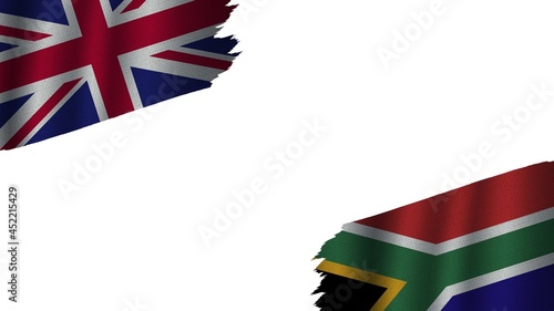 South Africa and United Kingdom British Flags Together, Wavy Fabric Texture Effect, Obsolete Torn Weathered, Crisis Concept, 3D Illustration