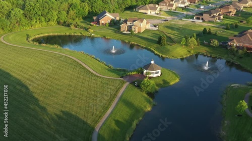 City Park with Fountains and a Gazebo, Drone Aerial View, Centerville, Ohio, USA