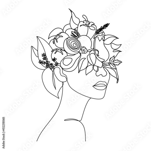 Woman silhouette thinks about vegetables and fruit in her head. Healthy food and lifestyle concept. Vector illustration
