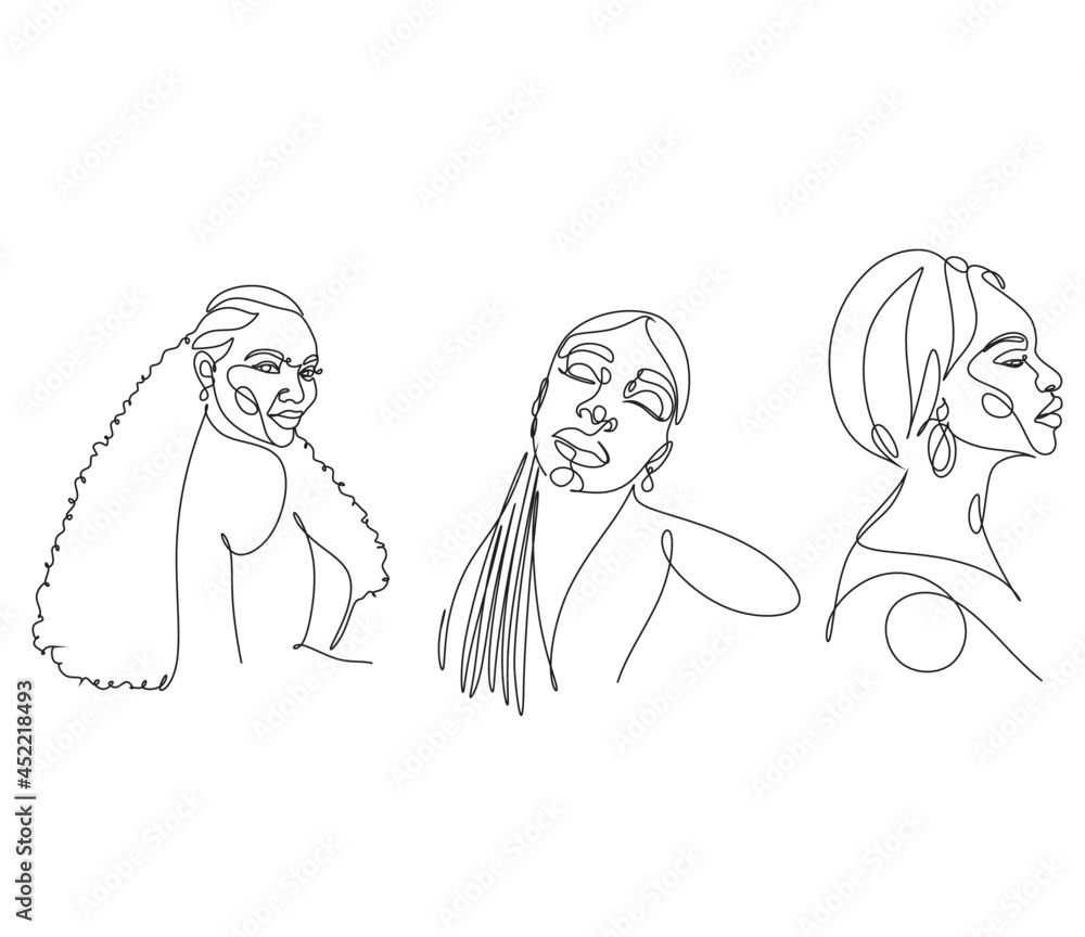Line Art Woman Face Drawing. Black Woman Vector. Afro American Female Logo. Contouring Line. Minimalist Face. Beauty salon Line Art Woman Face Drawing. Black Woman Vector. Afro American Female Logo. Contouring Line. Minimalist Face. Beauty salon