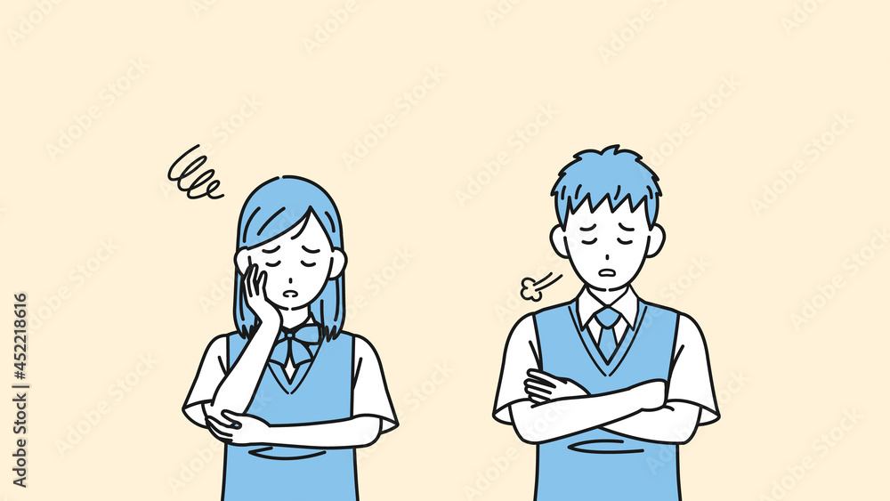 落ち込む学生　不安　悩み　中高生　高校生　中学生　男女　イラスト素材