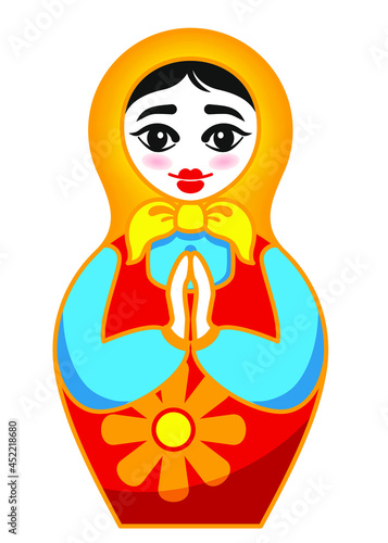 Matryoshka, emotions, emoticons, female face, painted face, doll, Russian doll, prays, fashion, printing, Internet, application, girl, dress, bright dress, beautiful eyebrows, cartoon, tradition