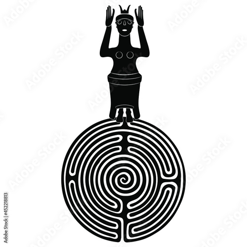 Ancient Cretan Minoan goddess standing on a round spiral maze or labyrinth symbol. Ariadne. Greek mythology. Feminist female power. Great Mother archetype. Black and white silhouette.