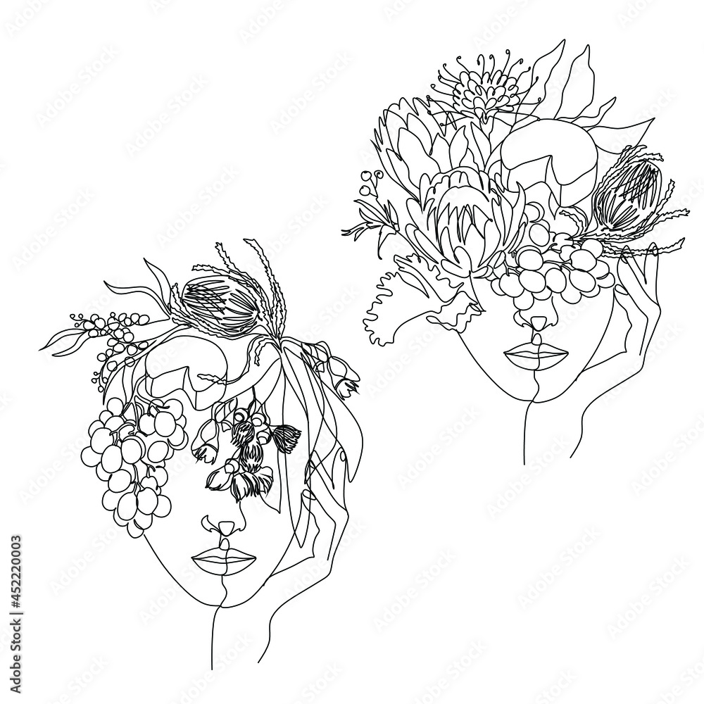 Minimal Line Art Woman with Flowers Poster. One line drawing flower ...
