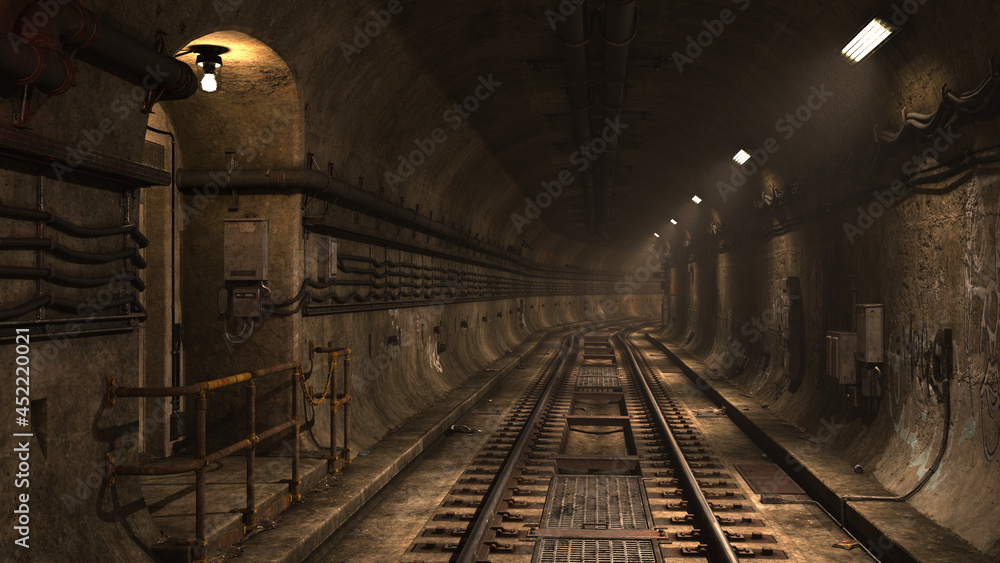 Fototapeta premium 3D illustration of an underground railway subway tunnel.