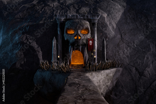 Halloween 3D rendering of a fantasy bridge to a cave in a mountain with a skull shaped entrance.