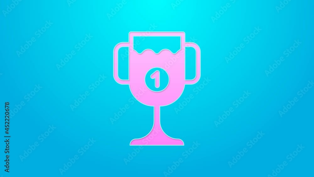 Pink line Award cup icon isolated on blue background. Winner trophy symbol. Championship or competition trophy. Sports achievement sign. 4K Video motion graphic animation Pink line Award cup icon isolated on blue background. Winner trophy symbol. Championship or competition trophy. Sports achievement sign. 4K Video motion graphic animation