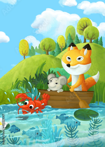 Fototapeta Naklejka Na Ścianę i Meble -  cartoon scene with fox and mouse in the boat near crab like animal sailing illustration
