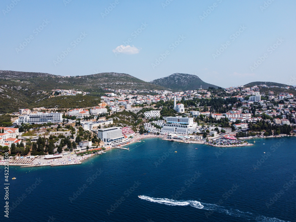 Aerial drone view of city of Neum in Bosnia and Herzegovina. Adriatic sea and coast. Tourist summer season.