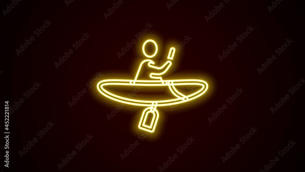 Glowing neon line Kayak and paddle icon isolated on black background. Kayak and canoe for fishing and tourism. Outdoor activities. 4K Video motion graphic animation Glowing neon line Kayak and paddle icon isolated on black background. Kayak and canoe for fishing and tourism. Outdoor activities. 4K Video motion graphic animation