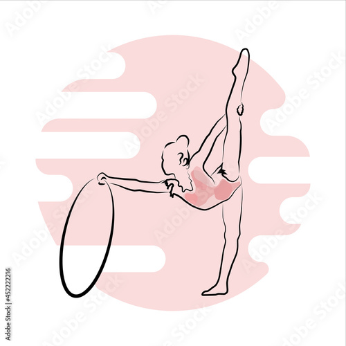 A linear drawing of a gymnast. The girl is practicing in gymnastics with a hoop. On an abstract background. Line art