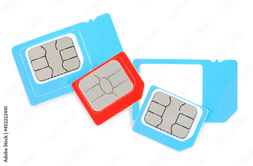 Different SIM cards on white background, top view