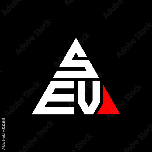 SEV triangle letter logo design with triangle shape. SEV triangle logo design monogram. SEV triangle vector logo template with red color. SEV triangular logo Simple, Elegant, and Luxurious Logo. SEV 