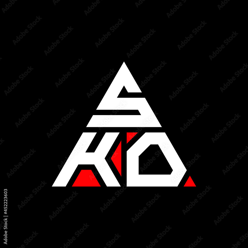 SKO triangle letter logo design with triangle shape. SKO triangle logo design monogram. SKO triangle vector logo template with red color. SKO triangular logo Simple, Elegant, and Luxurious Logo. SKO  - obrazy, fototapety, plakaty 