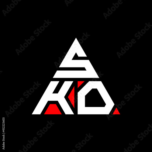 SKO triangle letter logo design with triangle shape. SKO triangle logo design monogram. SKO triangle vector logo template with red color. SKO triangular logo Simple, Elegant, and Luxurious Logo. SKO 
