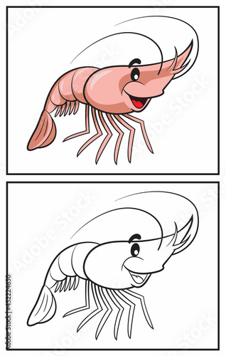 Coloring book cute shrimp. Coloring page and colorful clipart character. Vector cartoon illustration.