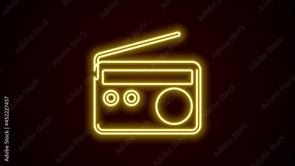Glowing neon line Radio with antenna icon isolated on black background. 4K Video motion graphic animation Glowing neon line Radio with antenna icon isolated on black background. 4K Video motion graphic animation