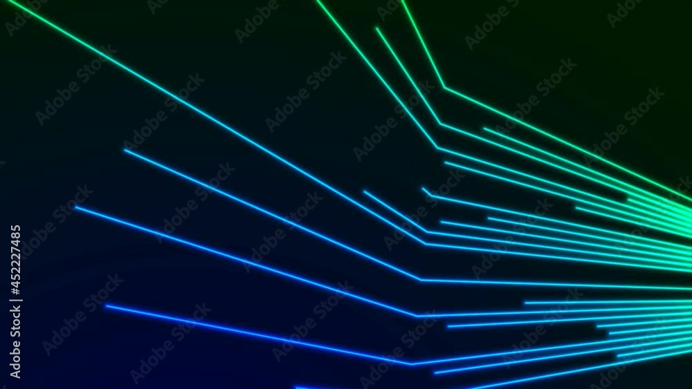 Blue and green neon laser glowing curved 3d lines abstract tech motion ...