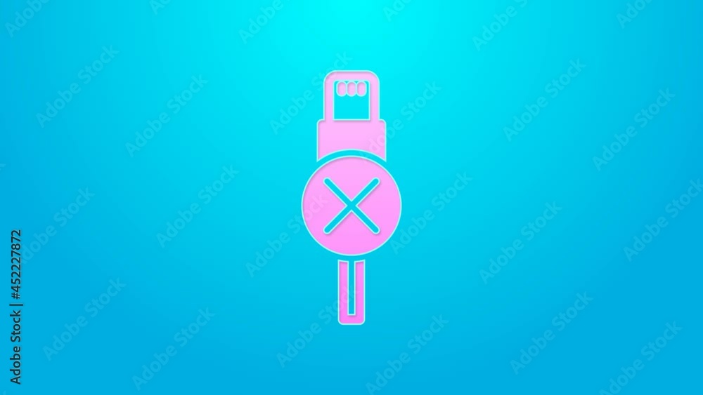 Pink line No usb cable cord icon isolated on blue background. Connectors and sockets for PC and mobile devices. 4K Video motion graphic animation Pink line No usb cable cord icon isolated on blue background. Connectors and sockets for PC and mobile devices. 4K Video motion graphic animation
