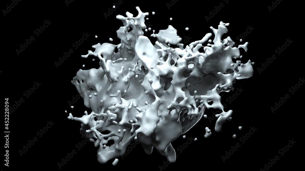 Naklejka premium Computer abstract generated an object similar to a clot of milk or a white liquid with many sprays, isolated on a black background. 3D rendering