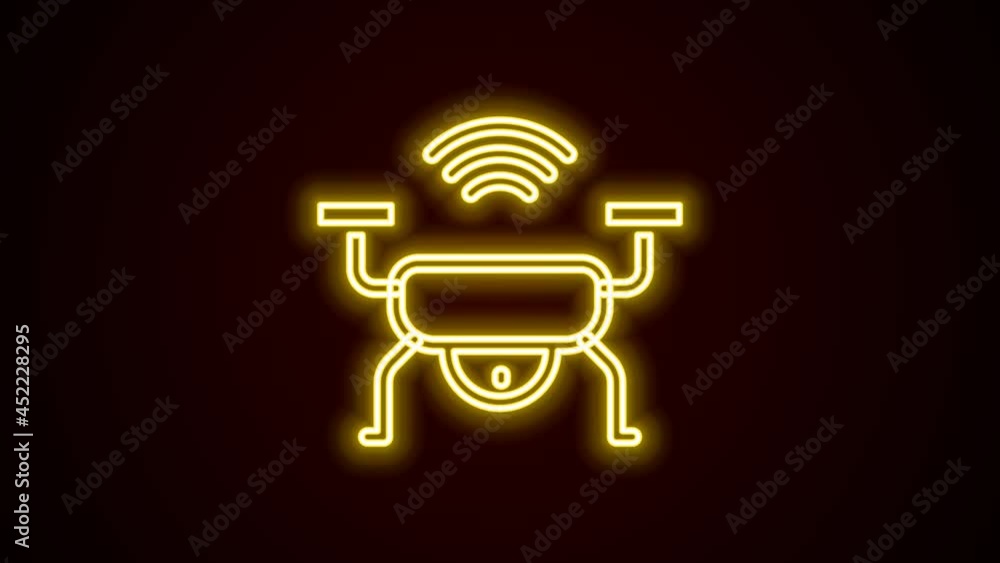 Glowing neon line Smart drone system icon isolated on black background. Quadrocopter with video and photo camera symbol. 4K Video motion graphic animation Glowing neon line Smart drone system icon isolated on black background. Quadrocopter with video and photo camera symbol. 4K Video motion graphic animation