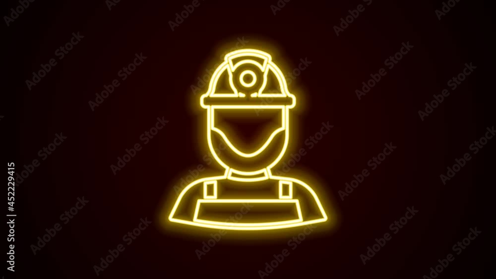Glowing neon line Miner in a helmet icon isolated on black background. 4K Video motion graphic animation Glowing neon line Miner in a helmet icon isolated on black background. 4K Video motion graphic animation