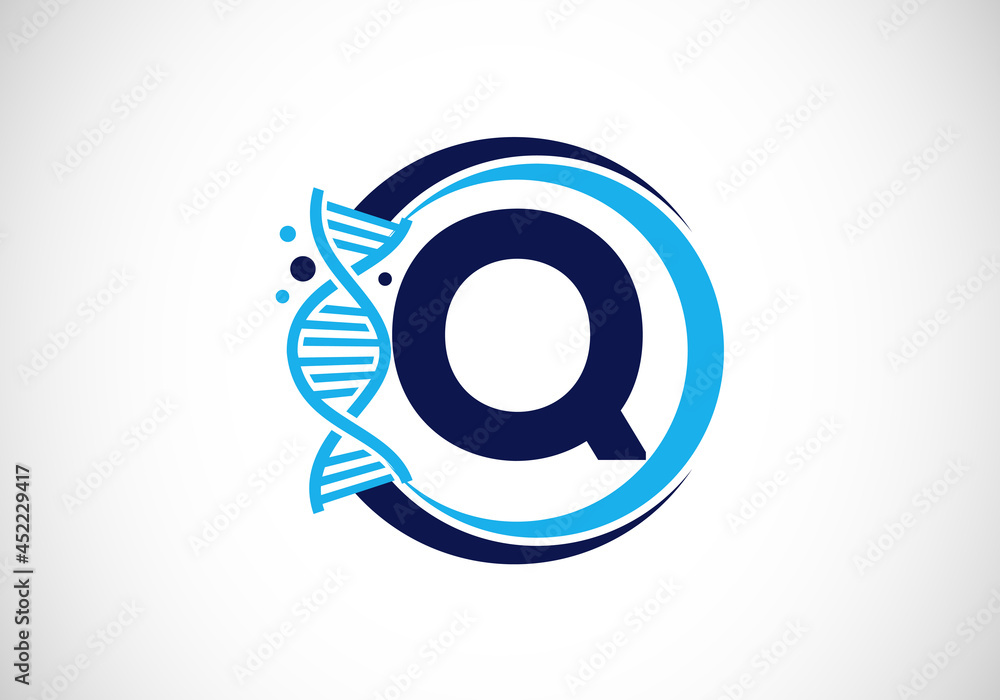 Initial Q monogram alphabet in a circle with DNA. Genetics logo design concept. Font emblem. Logo for medicine, science, laboratory, business, and company identity Initial Q monogram alphabet in a circle with DNA. Genetics logo design concept. Font emblem. Logo for medicine, science, laboratory, business, and company identity