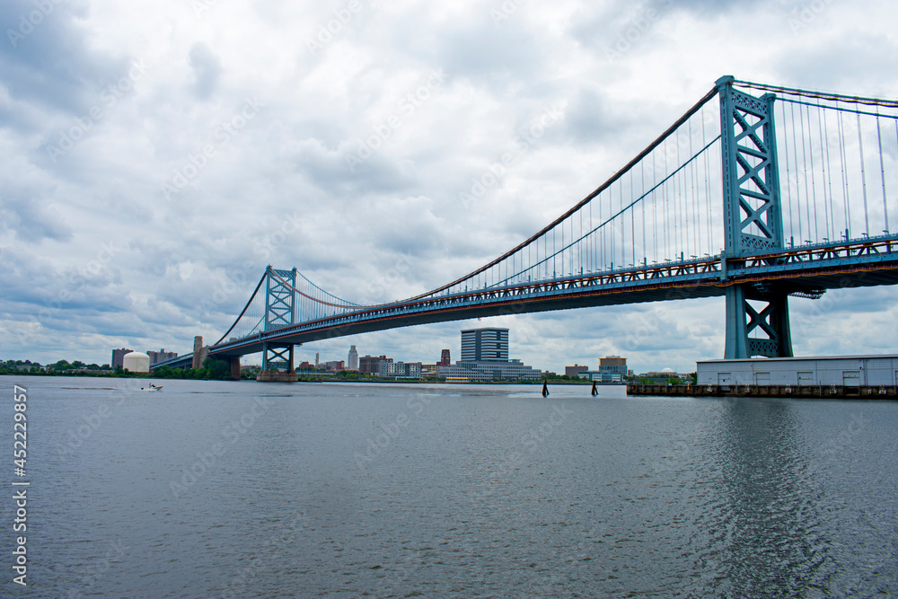 Benjamin Franklin Bridge spanning the Delaware River on a cloudy day -02