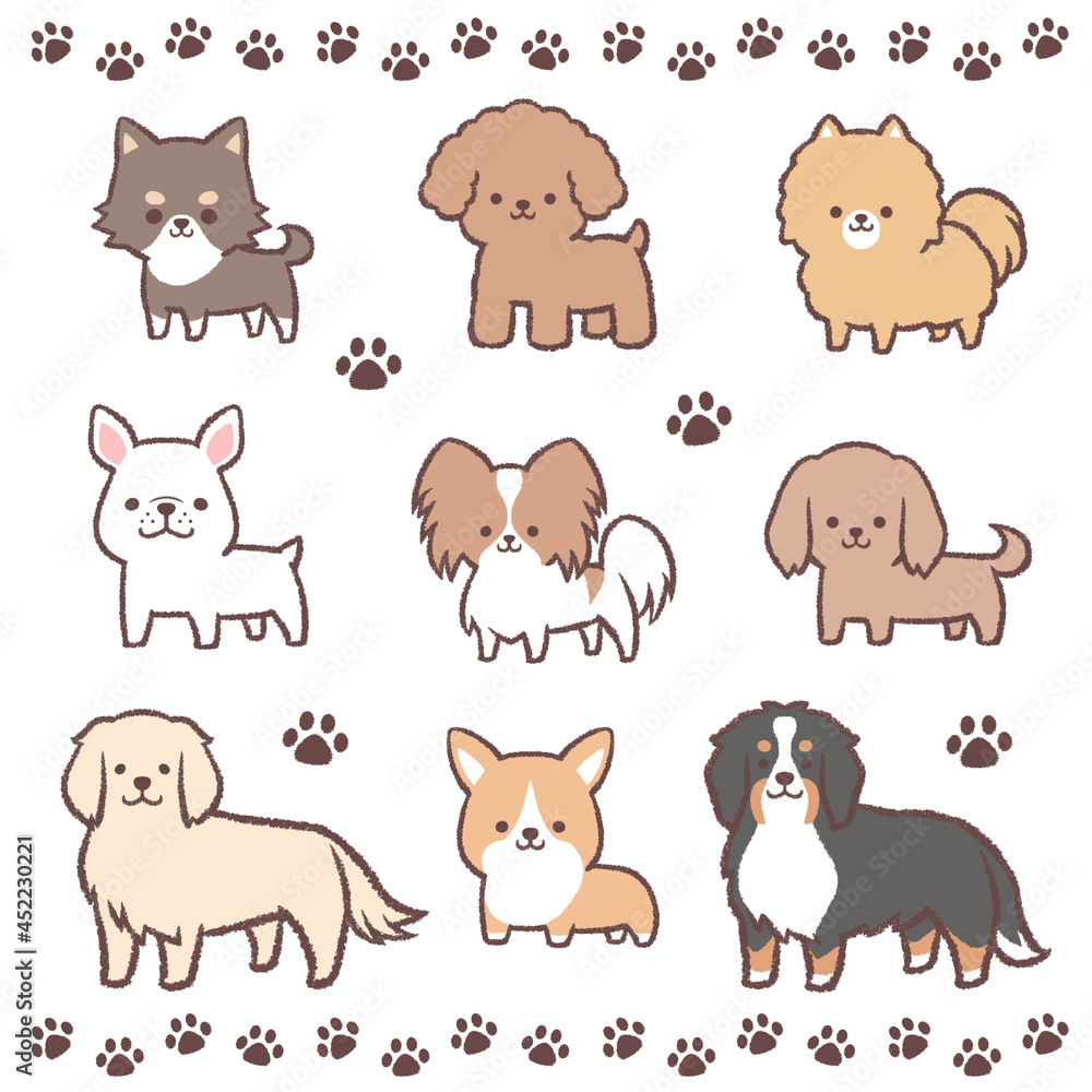 色々な犬たちと足跡のラインセット 色々な犬たちと足跡のラインセット