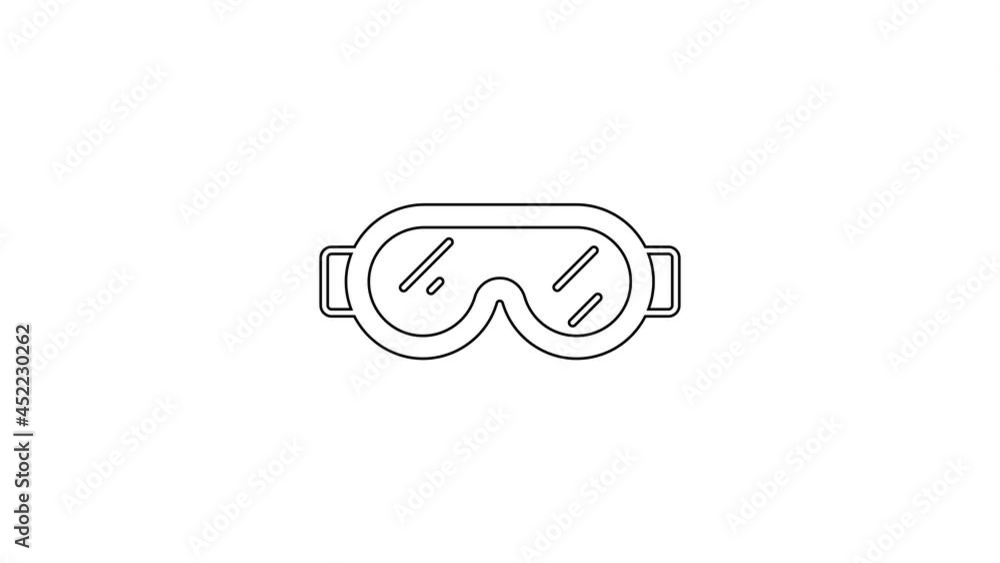 Black line Safety goggle glasses icon isolated on white background. 4K Video motion graphic animation Black line Safety goggle glasses icon isolated on white background. 4K Video motion graphic animation