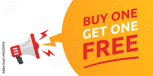 Banner with megaphone announcing buy one get one free. Business marketing