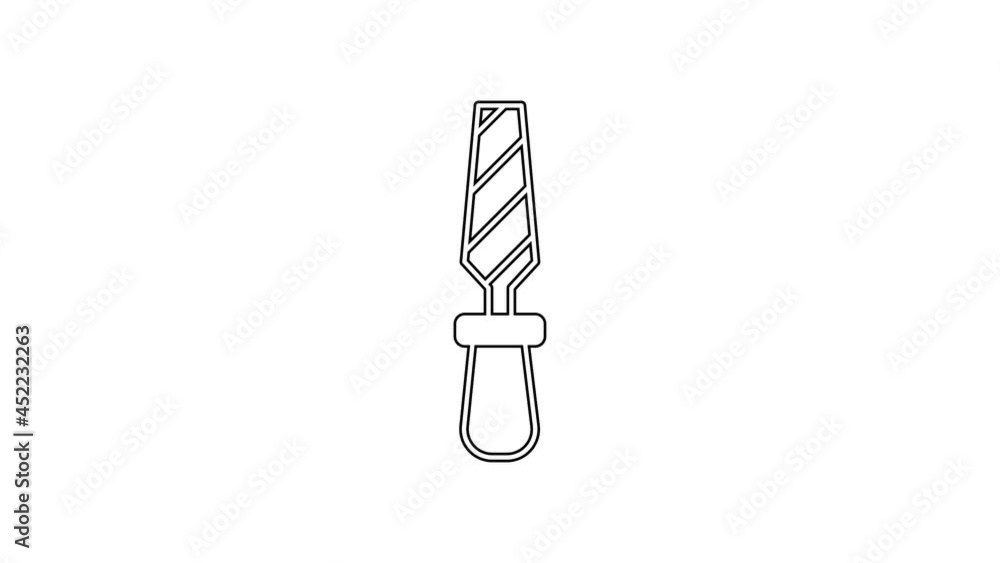 Black line Rasp metal file icon isolated on white background. Rasp for working with wood and metal. Tool for workbench, workshop. 4K Video motion graphic animation Black line Rasp metal file icon isolated on white background. Rasp for working with wood and metal. Tool for workbench, workshop. 4K Video motion graphic animation
