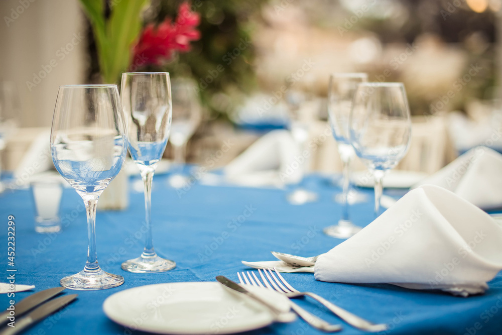 Close-up of crystal glasses, plates, napkins and cutlery on a restaurant table with blurred garden in the back at a social event