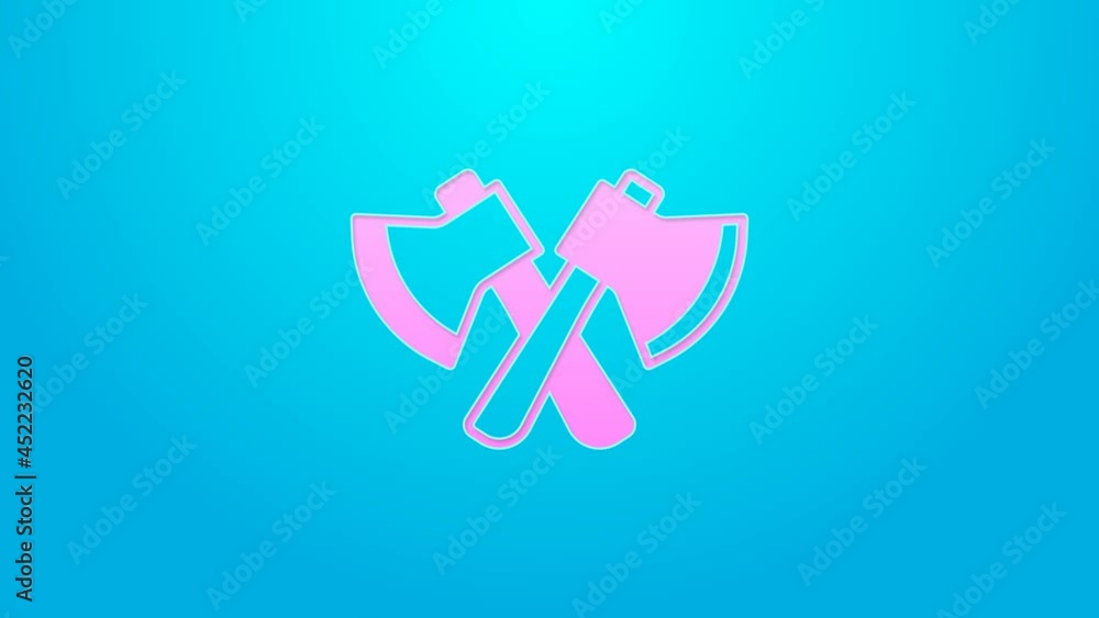 Pink line Wooden axe icon isolated on blue background. Lumberjack axe. 4K Video motion graphic animation Pink line Wooden axe icon isolated on blue background. Lumberjack axe. 4K Video motion graphic animation