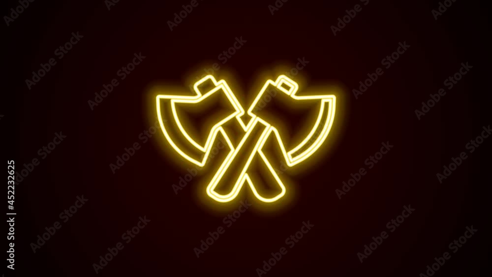 Glowing neon line Wooden axe icon isolated on black background. Lumberjack axe. 4K Video motion graphic animation Glowing neon line Wooden axe icon isolated on black background. Lumberjack axe. 4K Video motion graphic animation