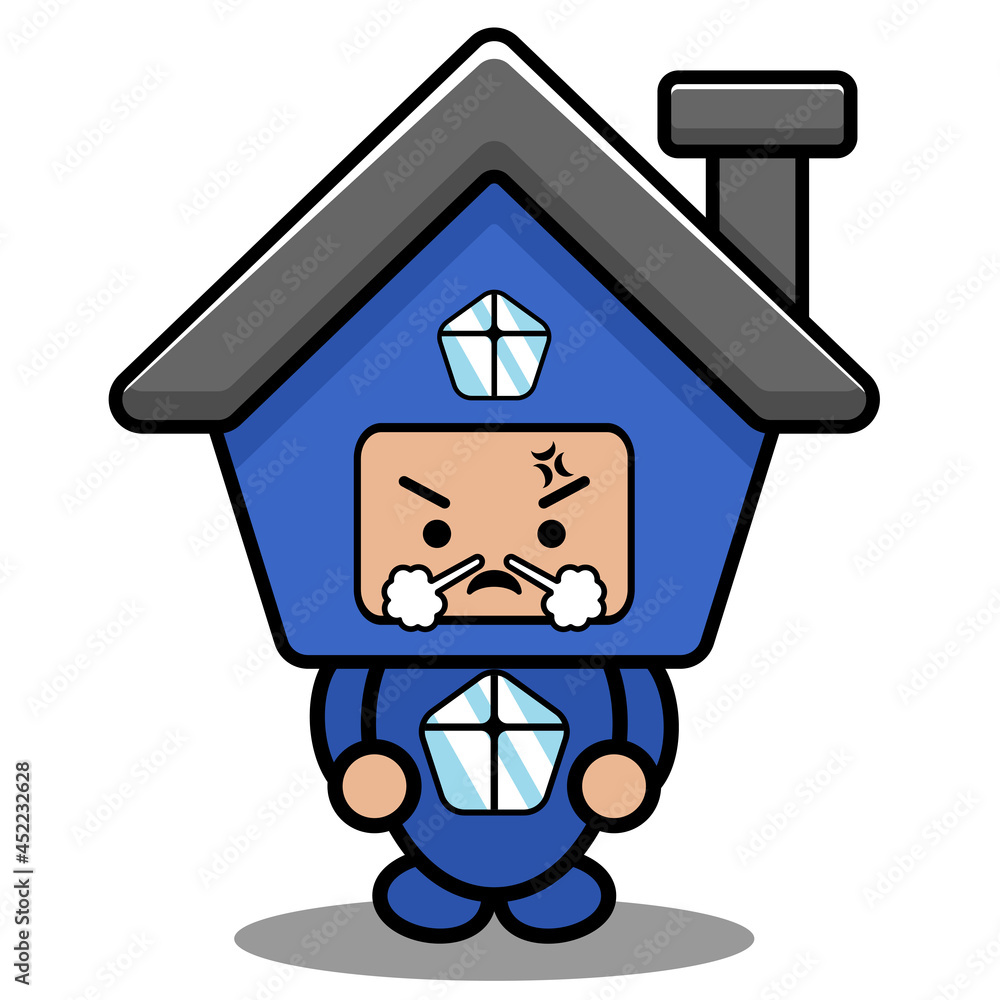 vector cartoon cute blue house mascot costume doodle character with annoyed expression vector cartoon cute blue house mascot costume doodle character with annoyed expression