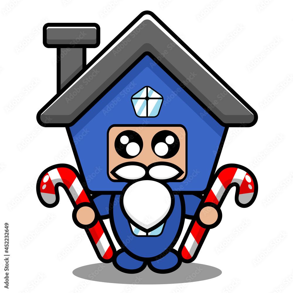 cartoon vector cute blue house mascot costume doodle character holding christmas candy