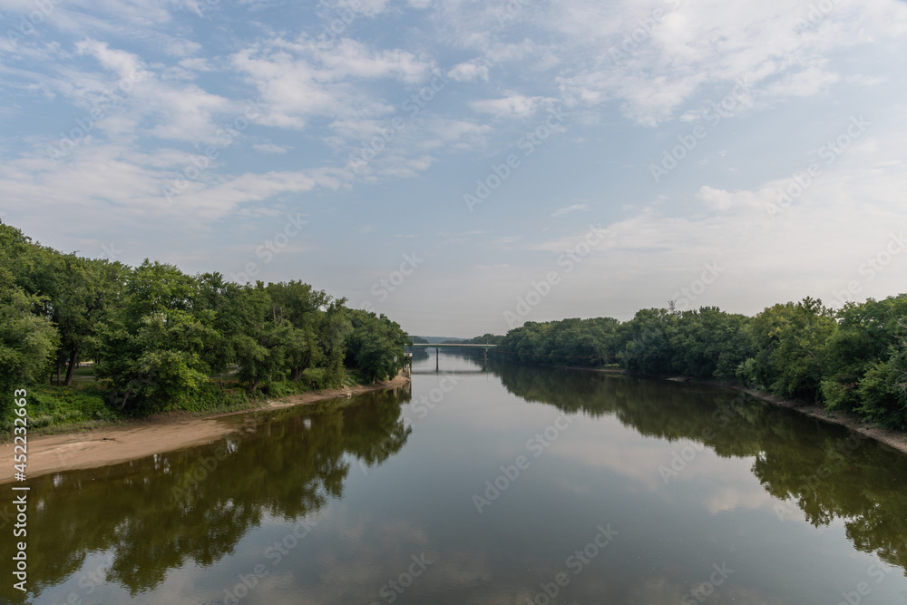 Scenic Wabash river vista in the summer set against dramatic sky, central Indiana